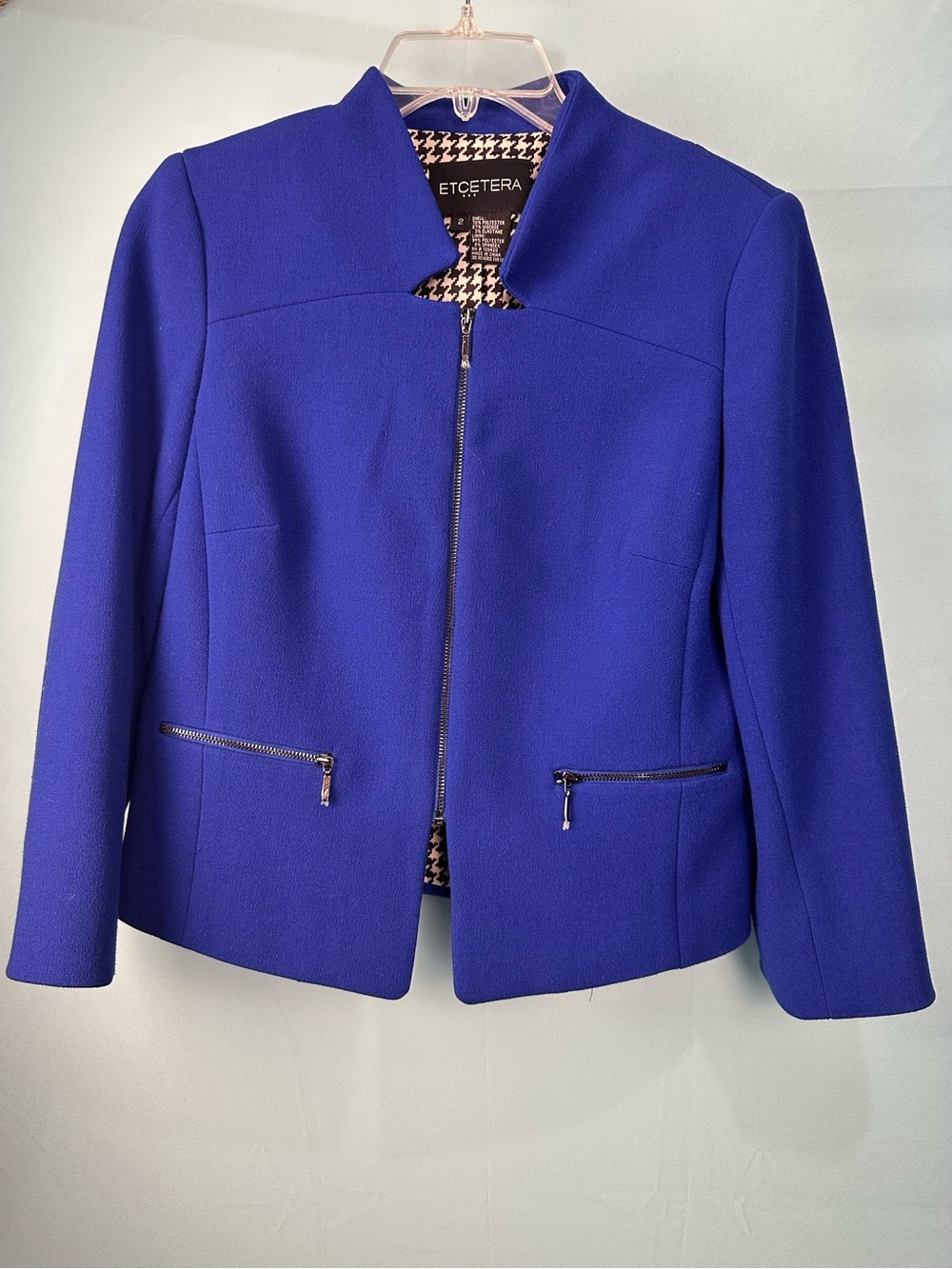 Cobalt Blue Zip Front Blazer Jacket Houndstooth Lined Size 2